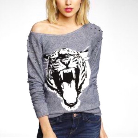 Express Tops - Roaring Tiger Studded Metal Spike Sweatshirt Express